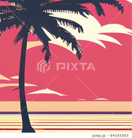 Vintage palm trees beach. Abstract background with sunny gradient. Palm trees silhouettes Cartoon flat panoramic landscape, sunset with palm trees colored background Summer vacation. Sunrise or sunset Vintage palm trees beach. Abstract background with sunny gradient. Palm trees silhouettes Cartoon flat panoramic landscape, sunset with palm trees colored background Summer vacation. Sunrise or sunset 94593063