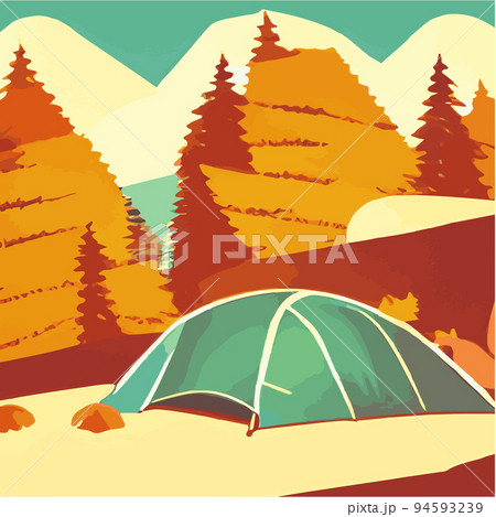 Autumn. Morning landscape in the mountains. Solitude in nature against the backdrop of mountains. Weekend in a tent in the autumn colorful forest. hiking and camping. Vector flat illustration 94593239