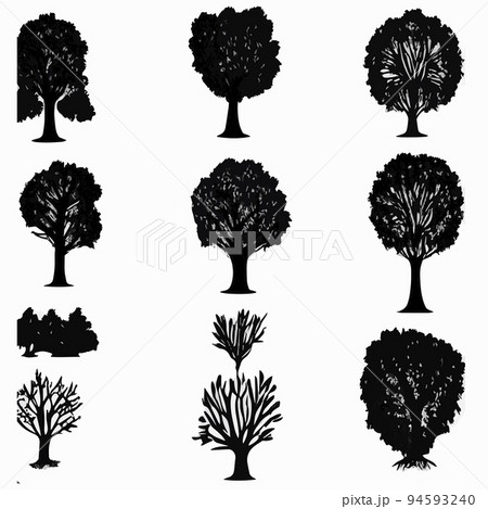 Set constructor from realistic black silhouettes isolated tropical palm trees, branch and separate banana leaves, talipot on a white background. 94593240