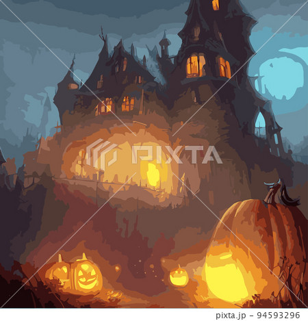 Halloween poster background. Foggy landscape with bats, big moon, pumpkins, trees and a dark gothic castle in the background. Illustrator vector template ,Scary horror halloween party Halloween poster background. Foggy landscape with bats, big moon, pumpkins, trees and a dark gothic castle in the background. Illustrator vector template ,Scary horror halloween party 94593296