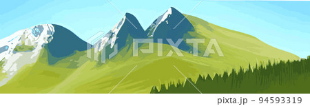 Spring landscape with mountain, blue sky and clouds, panorama green fields, fresh and peaceful rural nature in spring with green grassy ground. Cartoon illustration for spring and summer banner 94593319