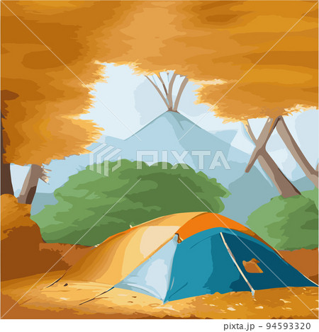 Vector illustration camping site with tent in autumn forest with wildlife trees Autumn mood square frame that can be used for print designs greeting cards Camping autumn scene Forest walking landscape 94593320