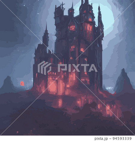 Gothic castle behind the gates in the moonlight scary building with ghosts Halloween festive concept flat vector illustration .Silhouette of fantasy fairy tale cathedral .Medieval architecture. Gothic castle behind the gates in the moonlight scary building with ghosts Halloween festive concept flat vector illustration .Silhouette of fantasy fairy tale cathedral .Medieval architecture. 94593339