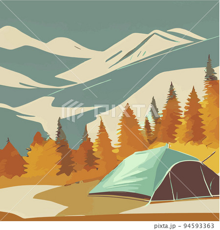 Autumn. Morning landscape in the mountains. Solitude in nature against the backdrop of mountains. Weekend in a tent in the autumn colorful forest. hiking and camping. Vector flat illustration 94593363