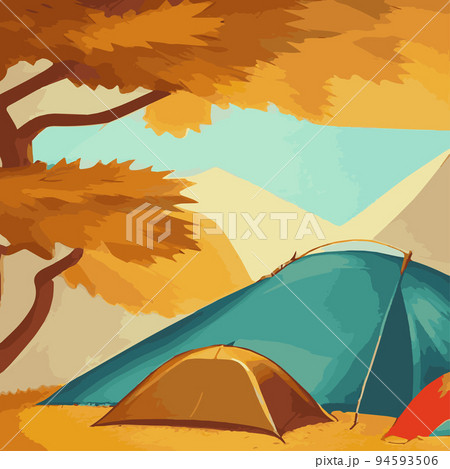Vector illustration camping site with tent in autumn forest with wildlife trees Autumn mood square frame that can be used for print designs greeting cards Camping autumn scene Forest walking landscape 94593506