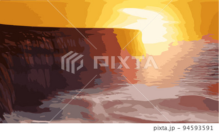 Panorama sea sunset or sunrise with rocks on seashore. Vector illustration of water and sky horizon, sun reflection. Dusk or dawn, evening or morning beach landscape. Landscape or island background Panorama sea sunset or sunrise with rocks on seashore. Vector illustration of water and sky horizon, sun reflection. Dusk or dawn, evening or morning beach landscape. Landscape or island background 94593591