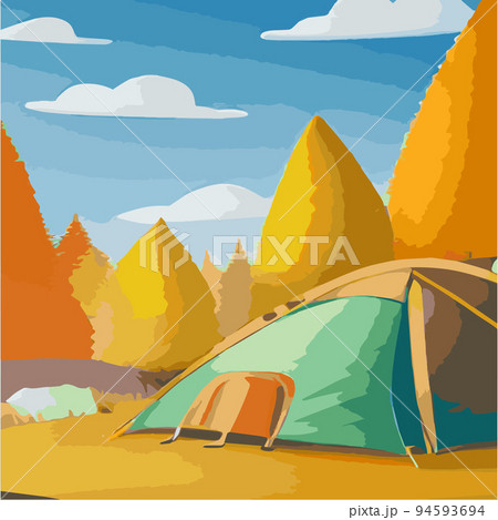 Vector illustration camping site with tent in autumn forest with wildlife trees Autumn mood square frame that can be used for print designs greeting cards Camping autumn scene Forest walking landscape 94593694