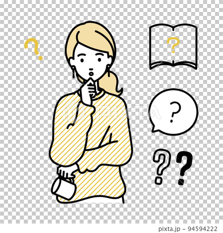 一組遠程工作的女性問號站著,雙手放在下巴上感到懷疑 一組遠程工作的女性問號站著,雙手放在下巴上感到懷疑 94594222