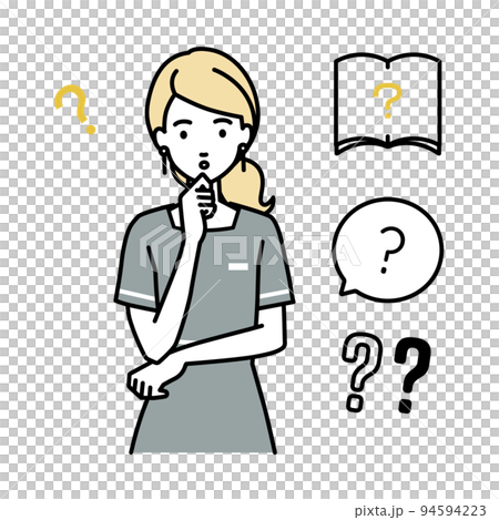 A set of question marks for a female beauty salon clerk, receptionist, and customer service clerk standing and feeling doubts with her hand on her chin A set of question marks for a female beauty salon clerk, receptionist, and customer service clerk standing and feeling doubts with her hand on her chin 94594223