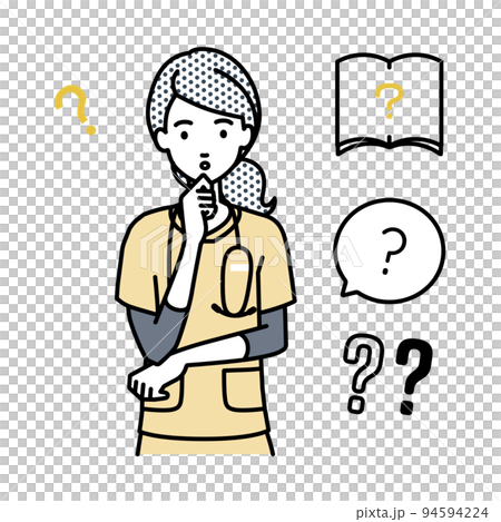 一組問號:一名護士站著,雙手放在下巴上感到懷疑 一組問號:一名護士站著,雙手放在下巴上感到懷疑 94594224