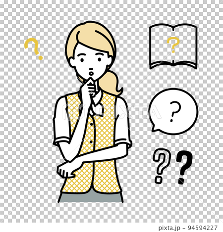 A set of question marks for a woman in a clerk uniform who is standing and feeling doubts with her hands on her chin A set of question marks for a woman in a clerk uniform who is standing and feeling doubts with her hands on her chin 94594227