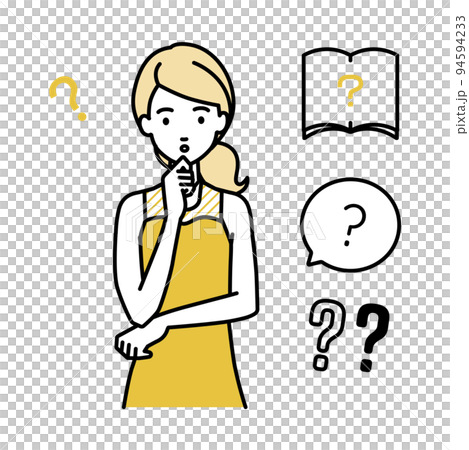 A set of question marks for a woman in a dress who stands and puts her hands on her chin and feels doubts A set of question marks for a woman in a dress who stands and puts her hands on her chin and feels doubts 94594233