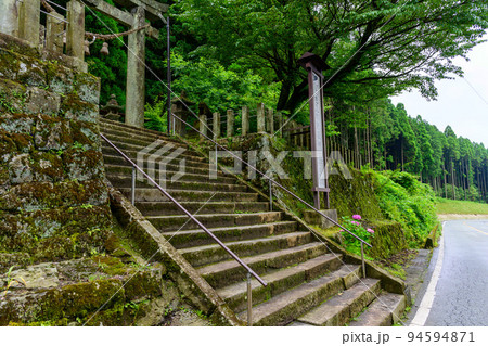 神秘的な神社「パワースポット・道路から観た鳥居周辺風景」上色見熊野座神社(阿蘇郡高森町上色見) 94594871