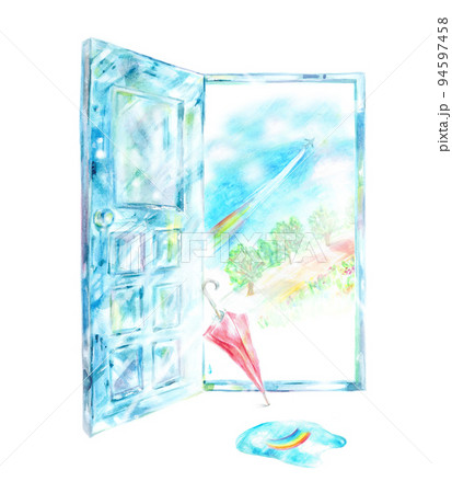 ガラスの扉 雨上がりの風景 赤い傘 水たまり 虹 ガラスの扉 雨上がりの風景 赤い傘 水たまり 虹 94597458