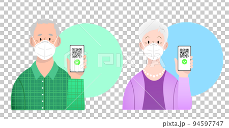 Old man and woman with ffp2 kn95 masks holding smartphone with QR code on screen-digital sanitary pass Old man and woman with ffp2 kn95 masks holding smartphone with QR code on screen-digital sanitary pass 94597747