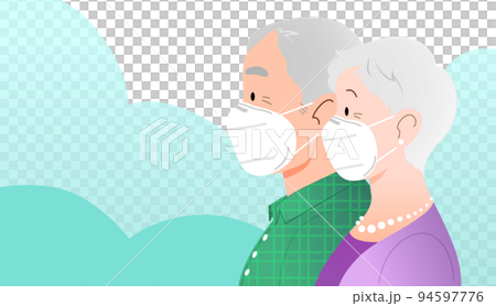 Couple of old man and woman profile close-up wearing ffp2 kn95 masks 94597776