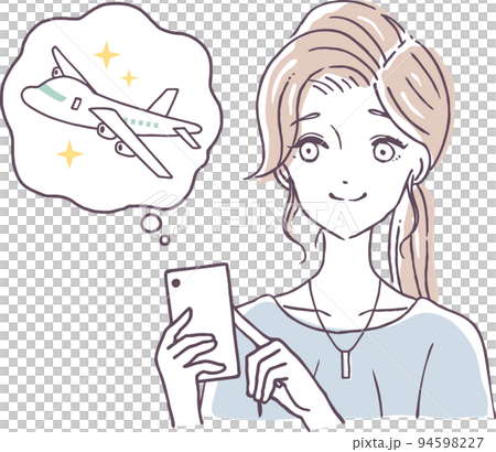 スマートフォンで航空券の予約をする女性　スマホで旅行について調べる人のイラスト素材 94598227