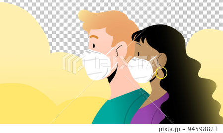 Young man and woman profile close-up wearing protective white FFP2 KN95 masks Young man and woman profile close-up wearing protective white FFP2 KN95 masks 94598821