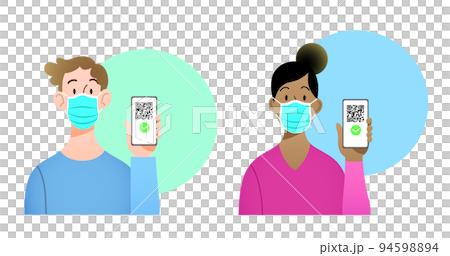 Young man and woman with surgical masks holding smartphone with QR code on screen- digital sanitary pass 94598894