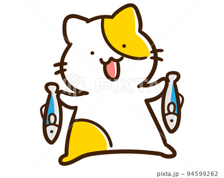 魚を両手に持って笑顔なかわいいねこのキャラクターの手書き風イラスト