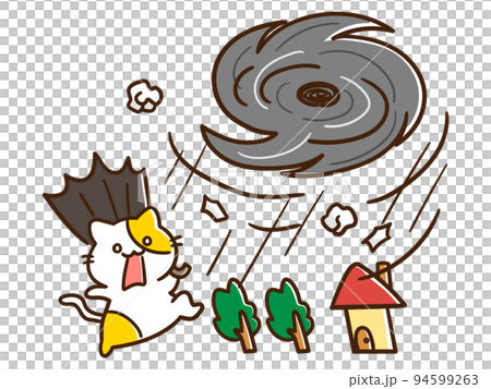 一個可愛的貓角色和由於直接颱風而匆忙的小鎮 94599263