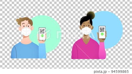 Young man and woman with ffp2 kn95 masks holding smartphone with QR code on screen- digital sanitary pass Young man and woman with ffp2 kn95 masks holding smartphone with QR code on screen- digital sanitary pass 94599865