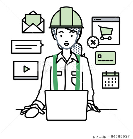 デスクで座ってPCでネットショップやマーケティングの仕事をしている工事現場の女性 94599957