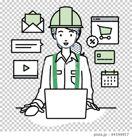 デスクで座ってPCでネットショップやマーケティングの仕事をしている工事現場の女性 94599957