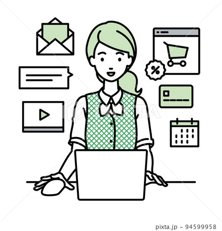 デスクで座ってPCでネットショップやマーケティングの仕事をしている事務員制服の女性 94599958
