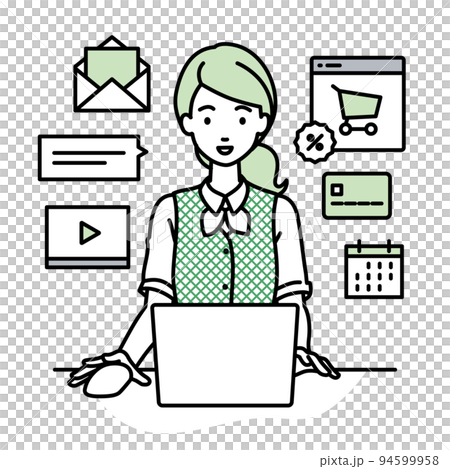 デスクで座ってPCでネットショップやマーケティングの仕事をしている事務員制服の女性 94599958