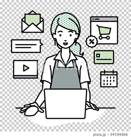A female cafe clerk sitting at a desk and doing an online shop or marketing job on a PC 94599966