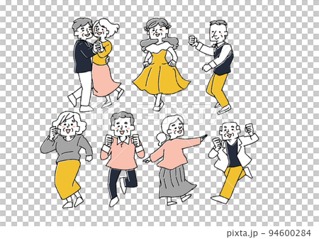 元気に踊る高齢者の男女（単品）コミカルな手書きの人物 94600284