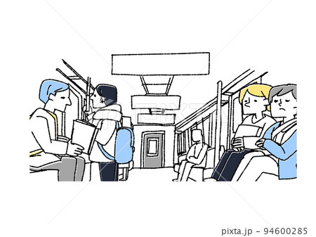 電車内の様子　コミカルな手書きの人物 94600285