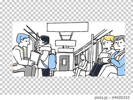 電車内の様子　コミカルな手書きの人物 94600285