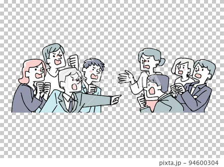 Two groups with conflicting opinions Comical handwritten characters Two groups with conflicting opinions Comical handwritten characters 94600304