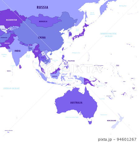 アジア太平洋地図色分け別国名入り海名入りパープル基調のイラスト素材