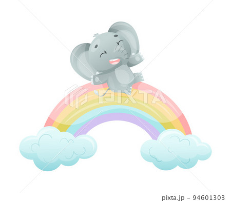 Funny Grey Elephant with Large Ear Flaps and Trunk Sliding Rainbow Vector Illustration Funny Grey Elephant with Large Ear Flaps and Trunk Sliding Rainbow Vector Illustration 94601303