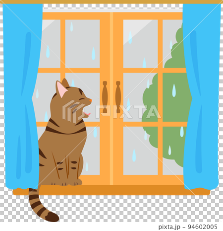 Cat yawning by the window on a rainy day 94602005