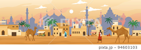 Arab desert. Saudi market. Ancient landscape. Outdoor kiosk and camels in town square. Morocco buildings. Arabian architecture. Mosque towers. Marketplace scenery. Vector illustration Arab desert. Saudi market. Ancient landscape. Outdoor kiosk and camels in town square. Morocco buildings. Arabian architecture. Mosque towers. Marketplace scenery. Vector illustration 94603103