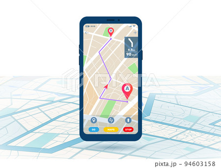 Phone map. GPS smartphone navigator app. Car transportation route. Mobile screen. Delivery search application. Tourism road. Location pin icons. Transport path. Vector flat dashboard Phone map. GPS smartphone navigator app. Car transportation route. Mobile screen. Delivery search application. Tourism road. Location pin icons. Transport path. Vector flat dashboard 94603158