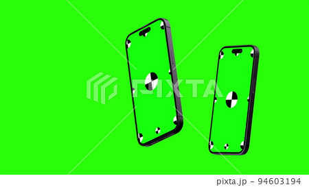 3D render of two smartphone with a green background. Rotating in screen. With a green screen for easy keying. Computer generated image. Easy customizable. 3D render of two smartphone with a green background. Rotating in screen. With a green screen for easy keying. Computer generated image. Easy customizable. 94603194