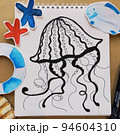 Kids art craft, how to paint sea jellyfish, sketch workshop, how to drawing by hand. Flat lay top view. Paint picture, art hobby. Painting with pencil. Artists workshop. 94604310