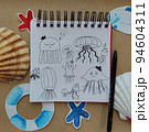 Art craft, how to paint sea jellyfish, sketch workshop, how to drawing by hand. Flat lay top view. Paint picture, art hobby. Painting with pencil. Artists workshop. 94604311