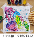 Art craft, how to paint sea jellyfish, watercolor workshop, how to drawing by hand. Flat lay top view. Paint picture, art hobby. Painting with watercolor. Artists workshop. 94604312
