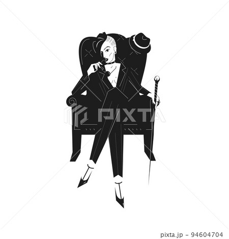 Stylish boss or business woman with a mohawk in an elegant retro suit sits cross-legged on a chair and holds a cane. Strong and power girl vector illustration in noir style. 94604704