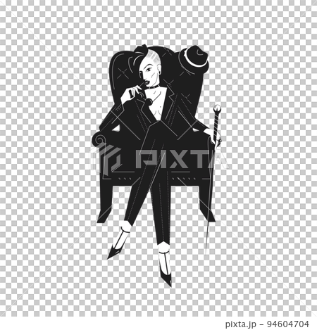 Stylish boss or business woman with a mohawk in an elegant retro suit sits cross-legged on a chair and holds a cane. Strong and power girl vector illustration in noir style. 94604704