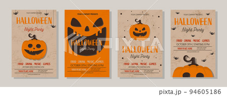 Halloween Party poster with funny pumpkin. Collection of brochures. Vector illustration Halloween Party poster with funny pumpkin. Collection of brochures. Vector illustration 94605186