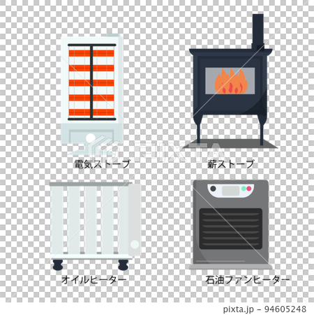暖房器具のアイコンセット。電気ストーブ、薪ストーブ、オイルヒーター、石油ストーブ、石油ファンヒーター 94605248
