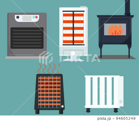 暖房器具のアイコンセット。ヒーター、石油ストーブ、薪ストーブ、ファンヒーター、電気ストーブ。  94605249