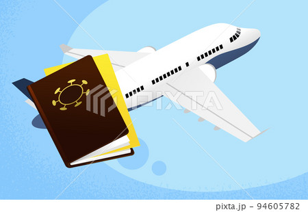 Vaccine passport with airplane on background-International certificate of immunity and vaccination Vaccine passport with airplane on background-International certificate of immunity and vaccination 94605782